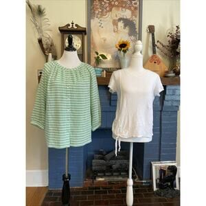 J Jill S Tops Oversized Stripe Peasant Shirt Cotton LINEN T shirt Lot of 2